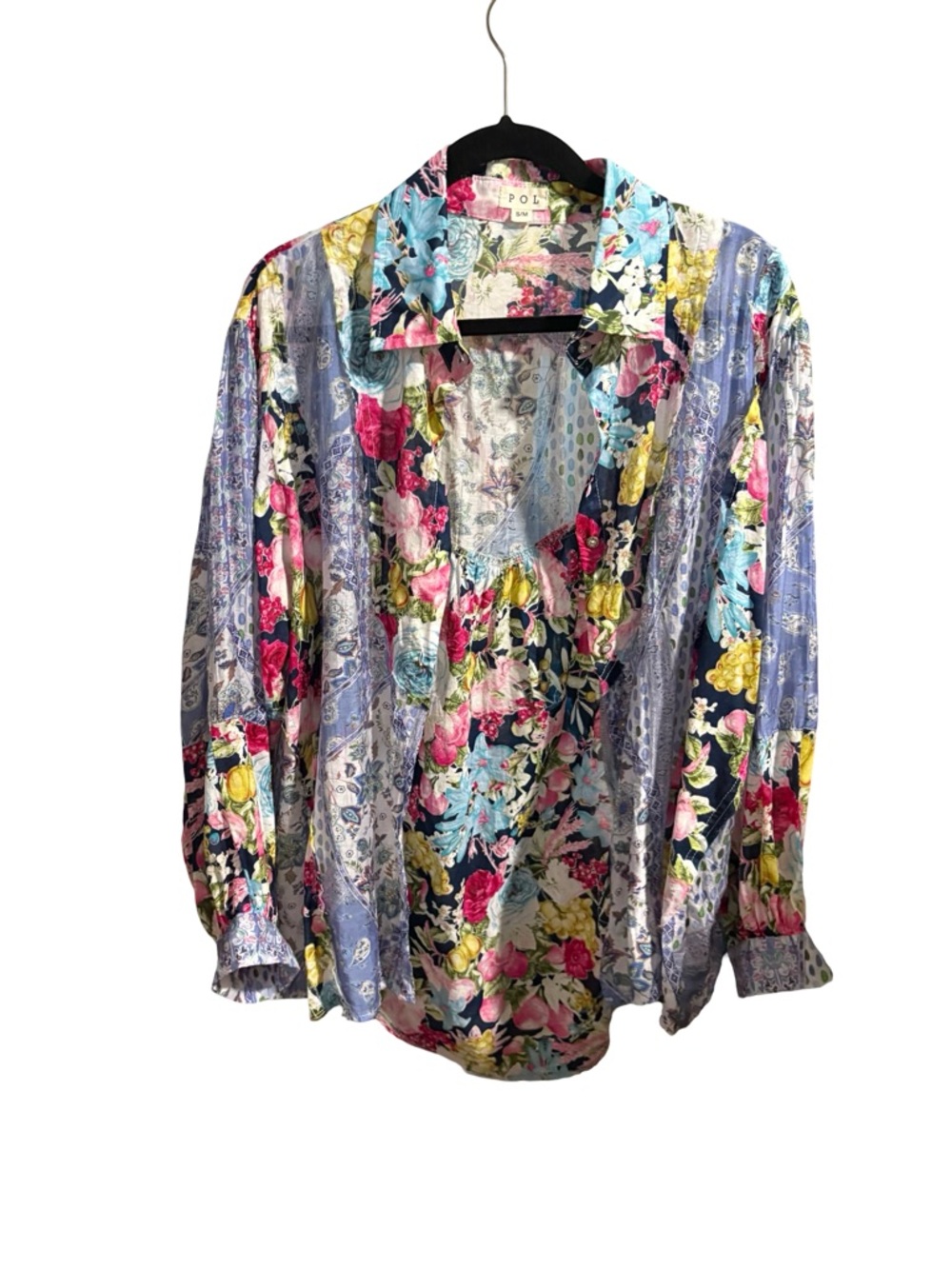 POL Floral Patchwork Mixed Media Button Down Shirt Silver Accent